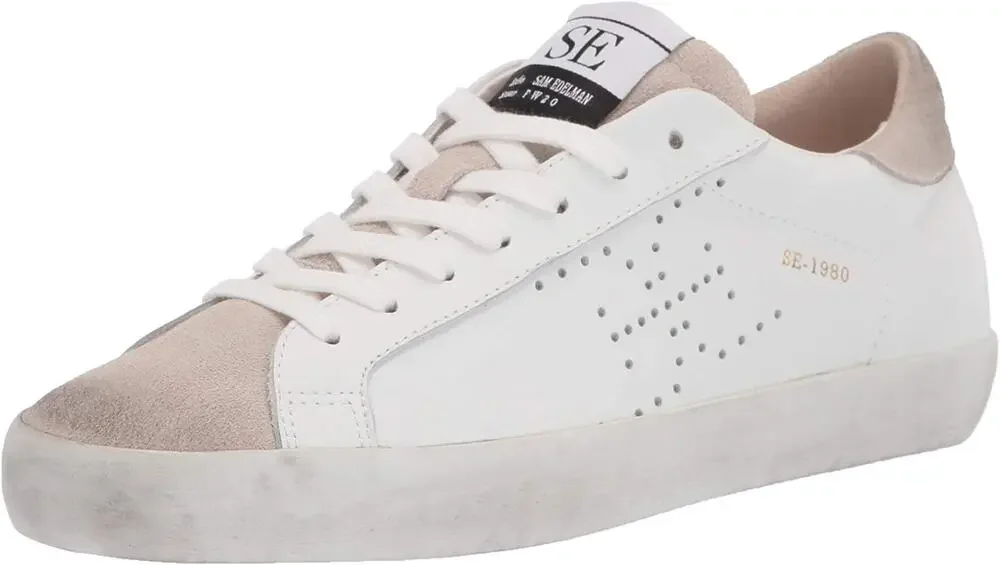 Sam Edelman Aubrie Sneakers Suede Leather Lace Up Perforated White Greige 7.5M